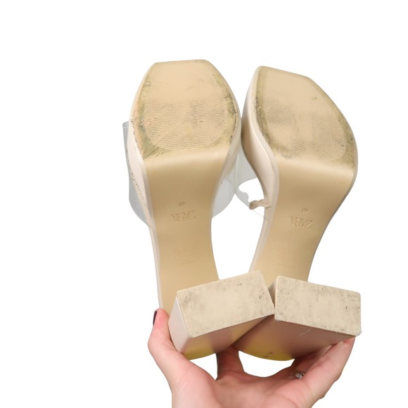 ZARA cream faux leather platform sandal heel clear vinyl strap 40 - Picture 6 of 7